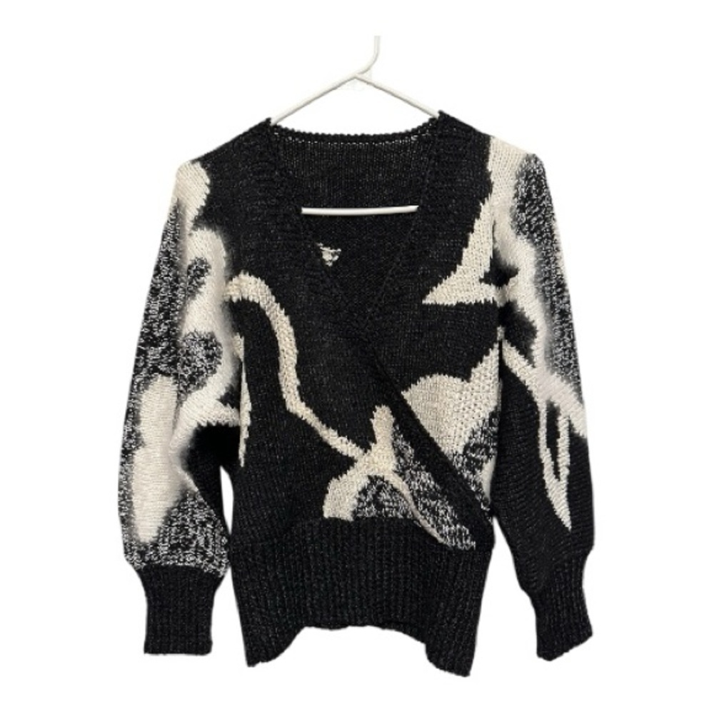 Vintage 80s Black and Cream Wool-blend V-Neck Abstract Sweater Size S/M